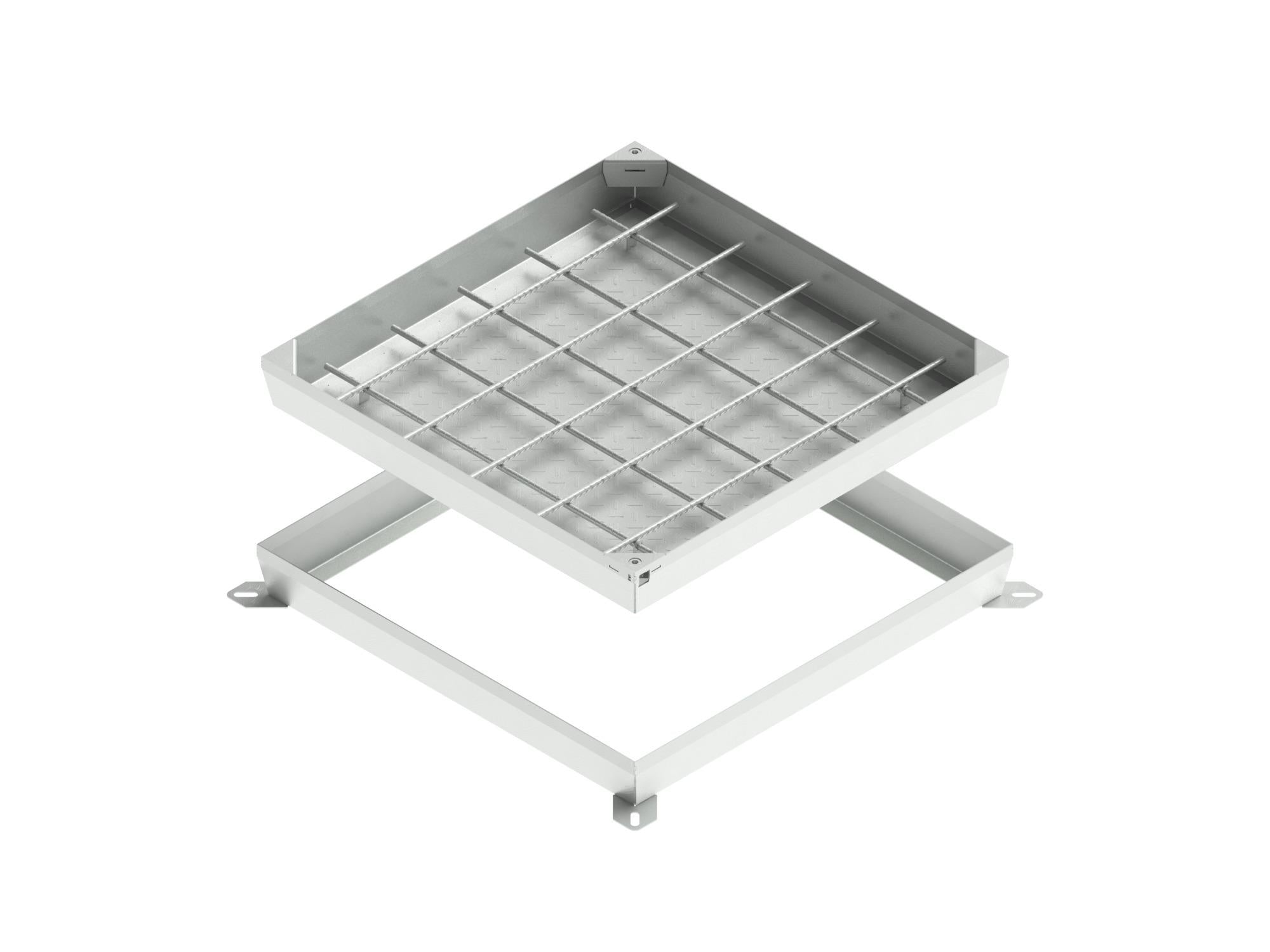 Tapa en acero galvanizado con marco rellenable de cemento y reforzada con varillas de acero. Medidas interiores 50X50 cm